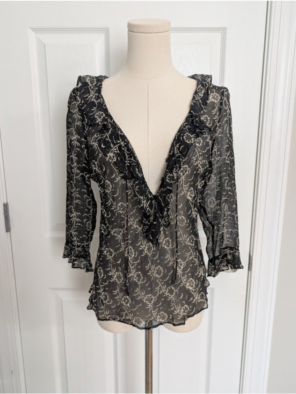 Vintage Ice Silk Ruffle Sheer Deep V Fairy Grunge Y2K Top Black Floral Sz S